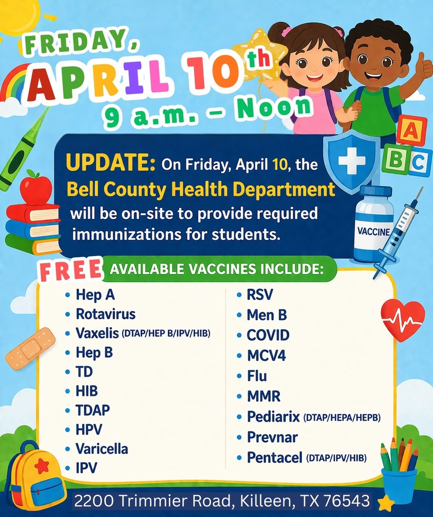 #ThisWeek: Families with children entering Pre-K or Kindergarten are invited to our Roundup. Come and register your child, explore interactive stations that show what a school day is like, learn school expectations, and connect with staff for enrollment help and family resources. Information tables will include: Registration, Multilingual Services, Health Services, Special Education, School Nutrition, Afterschool Programs, and Transportation  April 9, 2026 | 4:30–7:30 p.m. April 10, 2026 | 9 a.m.–12 p.m.  -> On Friday, April 10, the Bell County Health Department will be on-site at Pre-K & Kinder Round-Up to provide required immunizations for students. ➡️ Available vaccines include: Hep A, Rotavirus, Vaxelis (DTAP/HEP B/IPV/HIB), Hep B, TD, HIB, TDAP, HPV, Varicella, IPV, RSV, Men B, COVID, MCV4, Flu, MMR, Pediarix (DTAP/HEPA/HEPB), Prevnar, Pentacel (DTAP/IPV/HIB) April 11, 2026 | 8 a.m.–1 p.m. OLD Clifton Park Elementary (behind Red Lobster) 2200 Trimmier Road, Killeen 