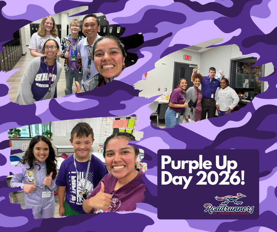 Purple Day 2026. Staff and Students are posing with their purple shirts in support of military children.