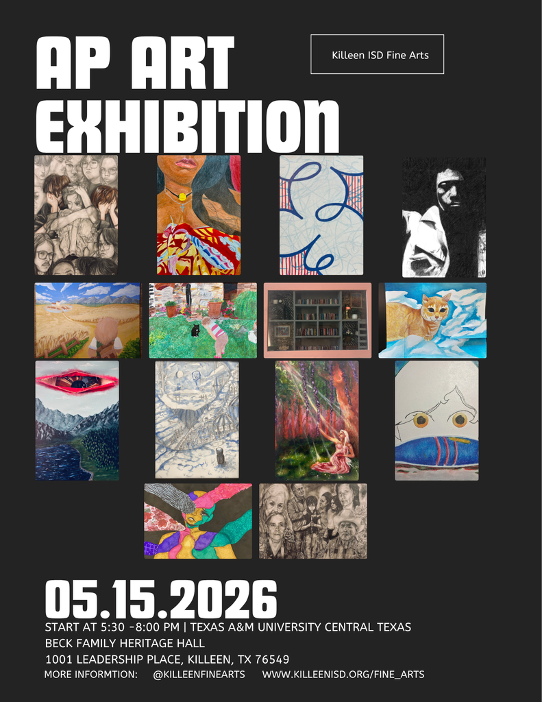 Several student artworks on a black backgound