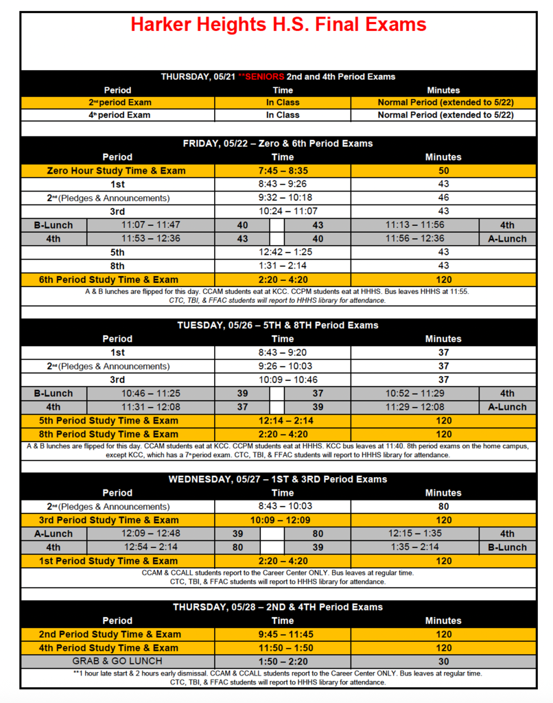 HHHS Final Exam Schedule