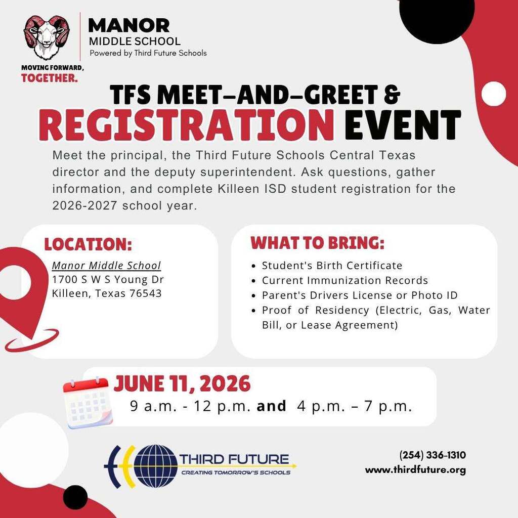 Killeen ISD families interested in learning more about Manor Middle School's partnership with Third Future Schools can attend an informational meet-and-greet and registration event on Thursday, June 11. The event will provide an opportunity for families to learn about the school's academic model, ask questions, gather information, and complete student registration for the 2026-2027 school year. Manor Middle School remains a Killeen ISD campus and will be operated through a Texas Partnership with Third Future Schools beginning in the 2026-2027 school year. Read more: https://www.killeenisd.org/article/2965419