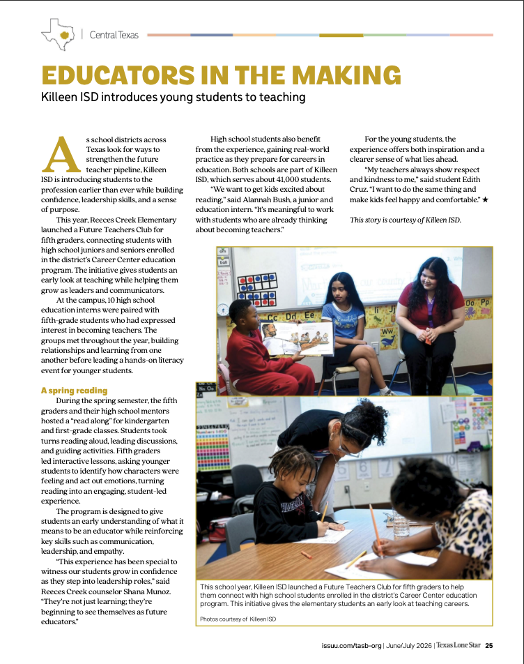 screenshot of an article with photos of students working writing and reading to younger kids
