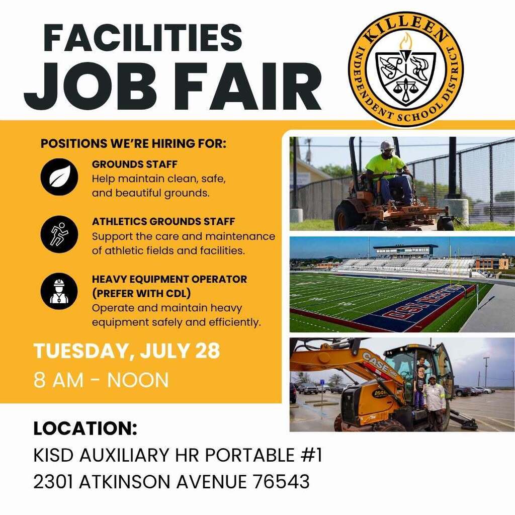 Join a team that helps create great learning environments for every student! Killeen ISD is hiring Facilities team members to help keep our campuses safe, beautiful and ready for students. Join us at our Facilities Job Fair to learn more about opportunities in Grounds, Athletics Grounds and Heavy Equipment Operations. 📅 Tuesday, July 28 🕗 8 a.m. – Noon 📍 KISD Auxiliary HR Portable #1 2301 Atkinson Avenue, Killeen Come meet the team and discover how you can help create great learning environments for nearly 40,000 students!
