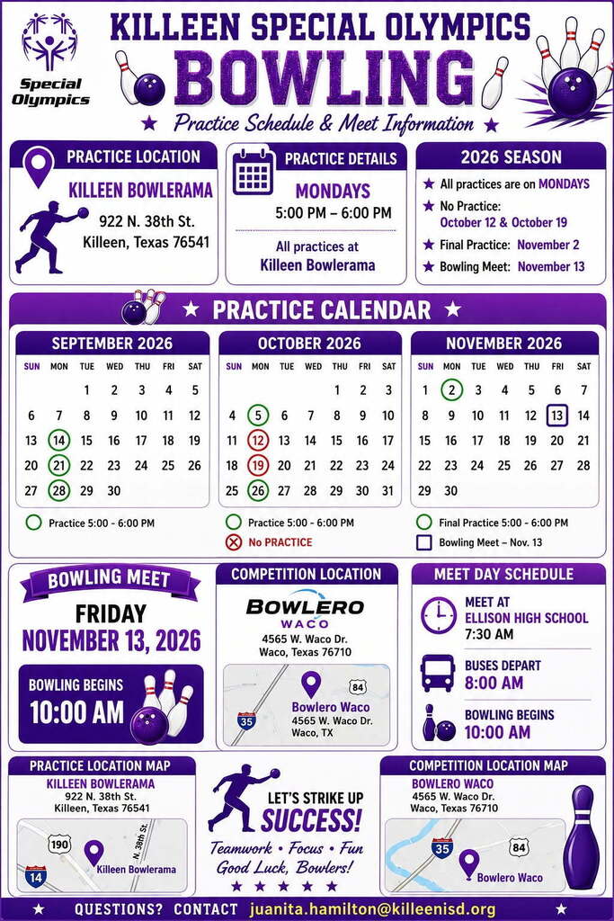 🎳 Strike up some success this fall! Killeen ISD Special Olympics Bowling is gearing up for the 2026 season. Practices begin Monday, Sept. 14, at Killeen Bowlerama and are held each Monday from 5-6 p.m. through the season. The team will compete at the Special Olympics Bowling Meet on Friday, Nov. 13, in Waco. View the full practice schedule and meet information below. We will share sign up info soon, stay tuned! 💜💛 