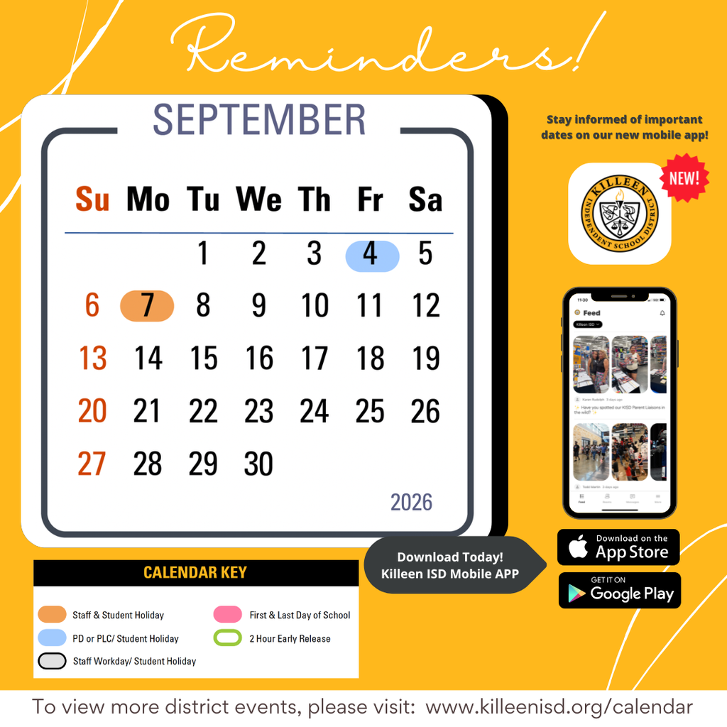 Alt text: September 2026 Killeen ISD calendar reminder. Sept. 4 is a professional development or PLC day and student holiday. Sept. 7 is a staff and student holiday. Graphic also promotes the Killeen ISD mobile app and directs families to killeenisd.org/calendar for more district events.