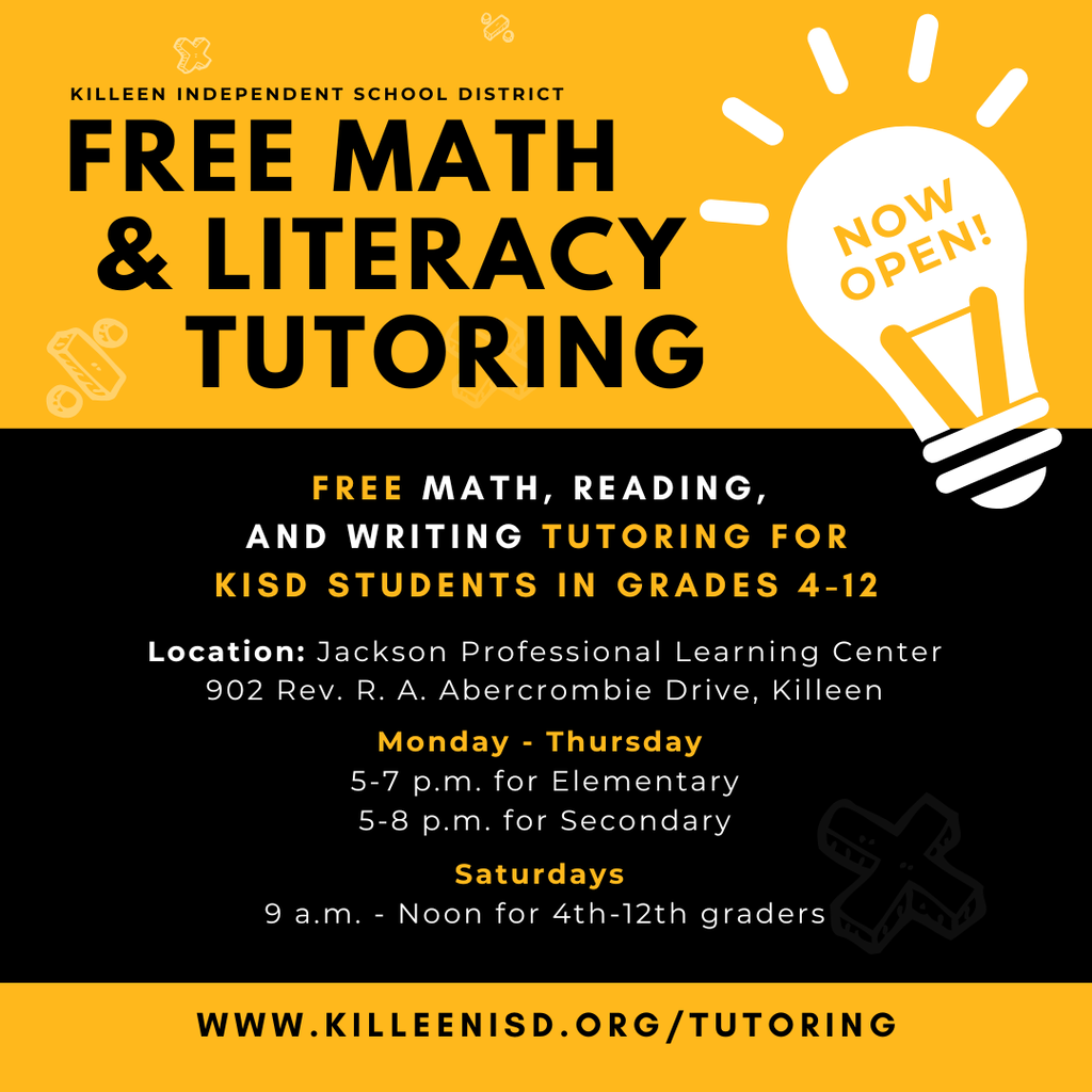 📚 FREE tutoring for Killeen ISD students! ✏️ The KISD Tutoring Center is open and ready to help students in grades 4–12 strengthen their skills and get to the next level! State-certified teachers provide FREE support in math, reading and writing, plus homework help, STAAR and EOC preparation and more. 📍 Jackson Professional Learning Center 📅 Monday–Thursday + select Saturdays 🔗 www.KilleenISD.org/Tutoring Student success is the work. Let’s keep learning, growing and moving forward! 💛🖤