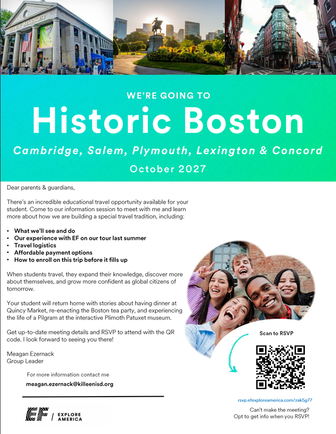 EF Tour Flyer to Historic Boston with point of contact information and trip details