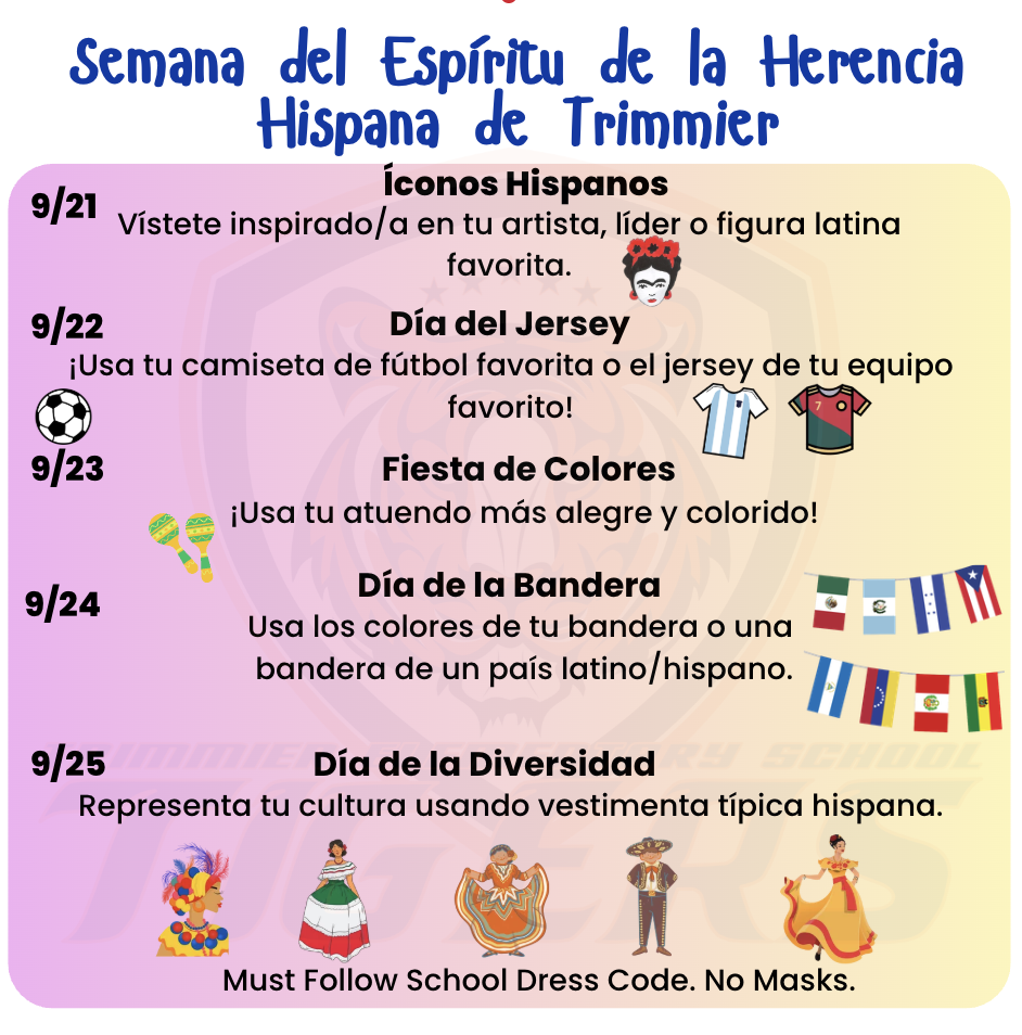 Hispanic Heritage month dress up days 9/21-hispanic icons, 9/22 jersey day, 9/23 bright colors, 9/24 flag day, 9/25 diversity day