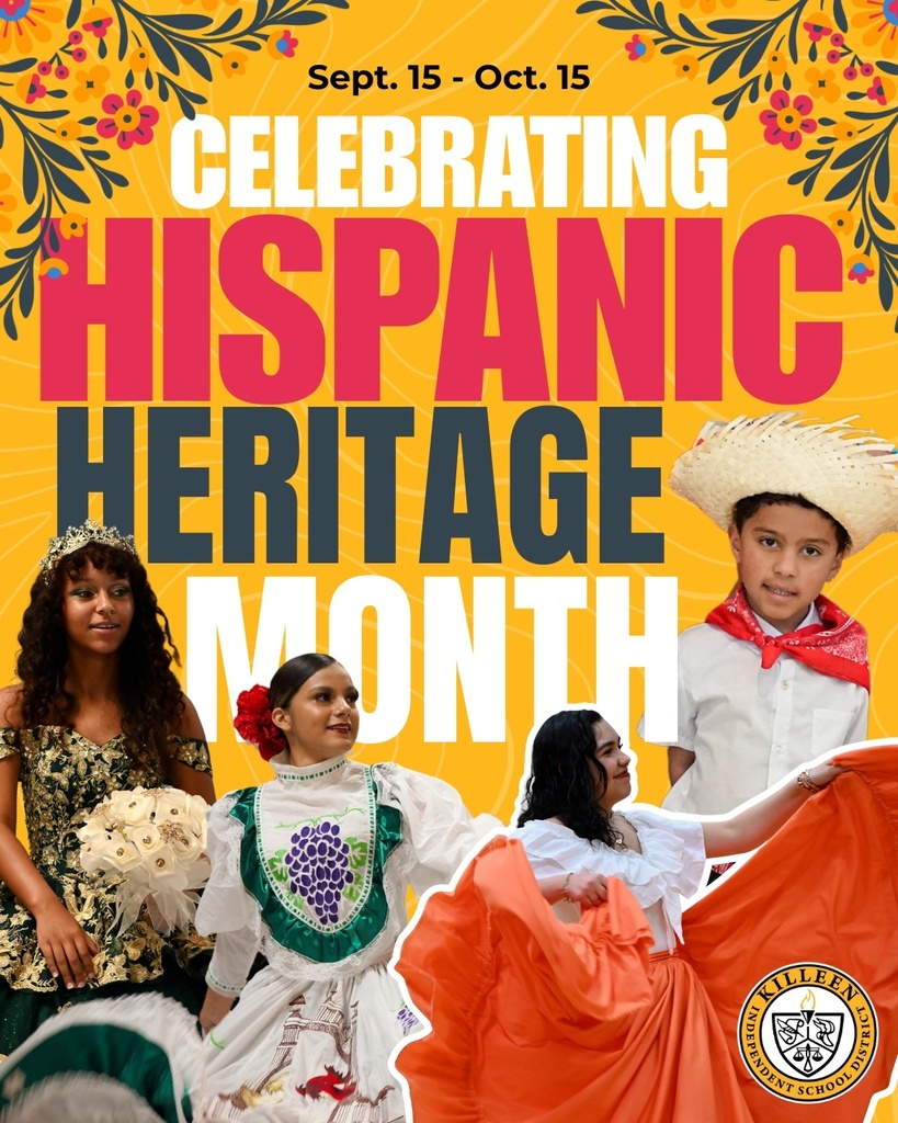 graphic of students in different attire with text that reads "Sept. 15-Oct.15 Celebrating Hispanic Heritage Month"