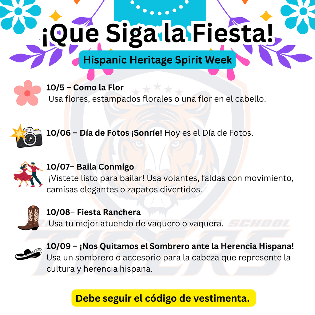 Bright florals border the top and bottom of a poster. Below it, text reads "Hispanic Heritage Spirit Week."