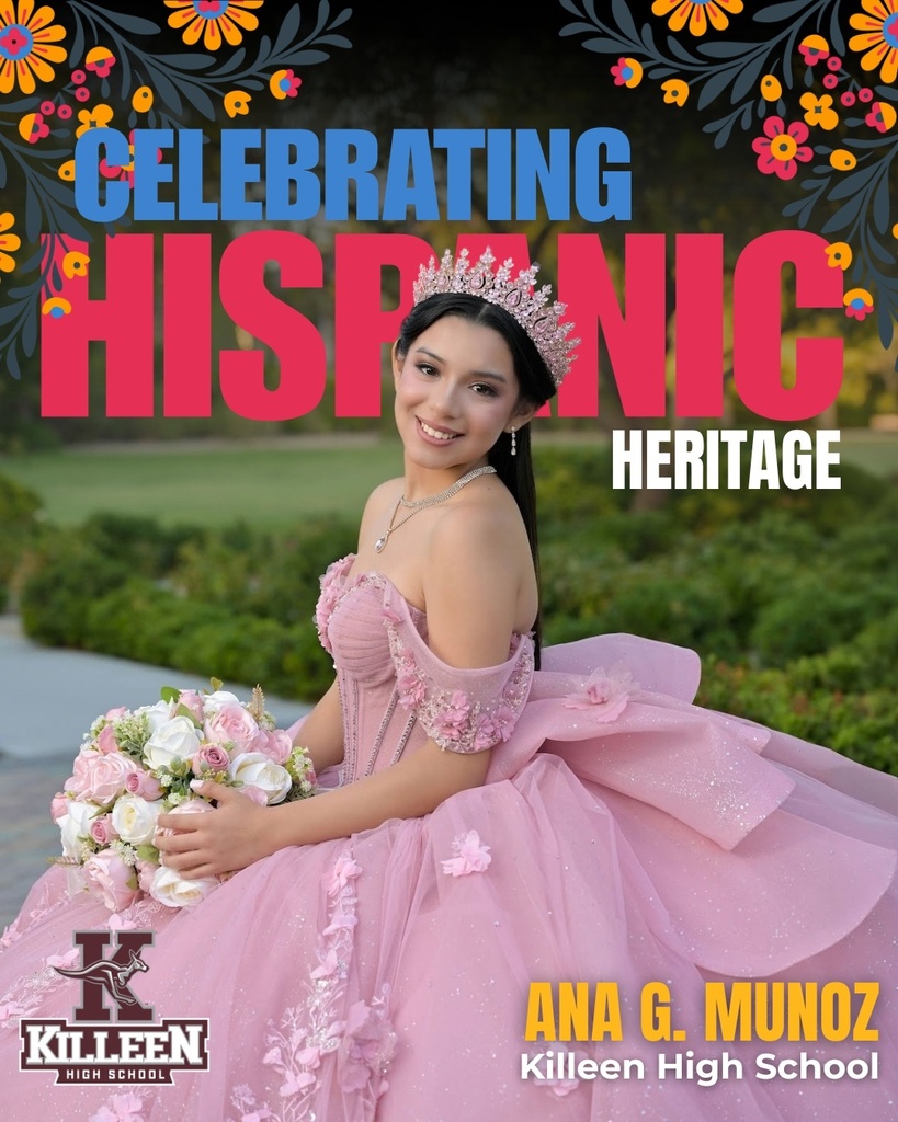 A smiling woman in a pink gown and crown holds a pink bouquet. Text reads "Celebrating Hispanic Heritage."