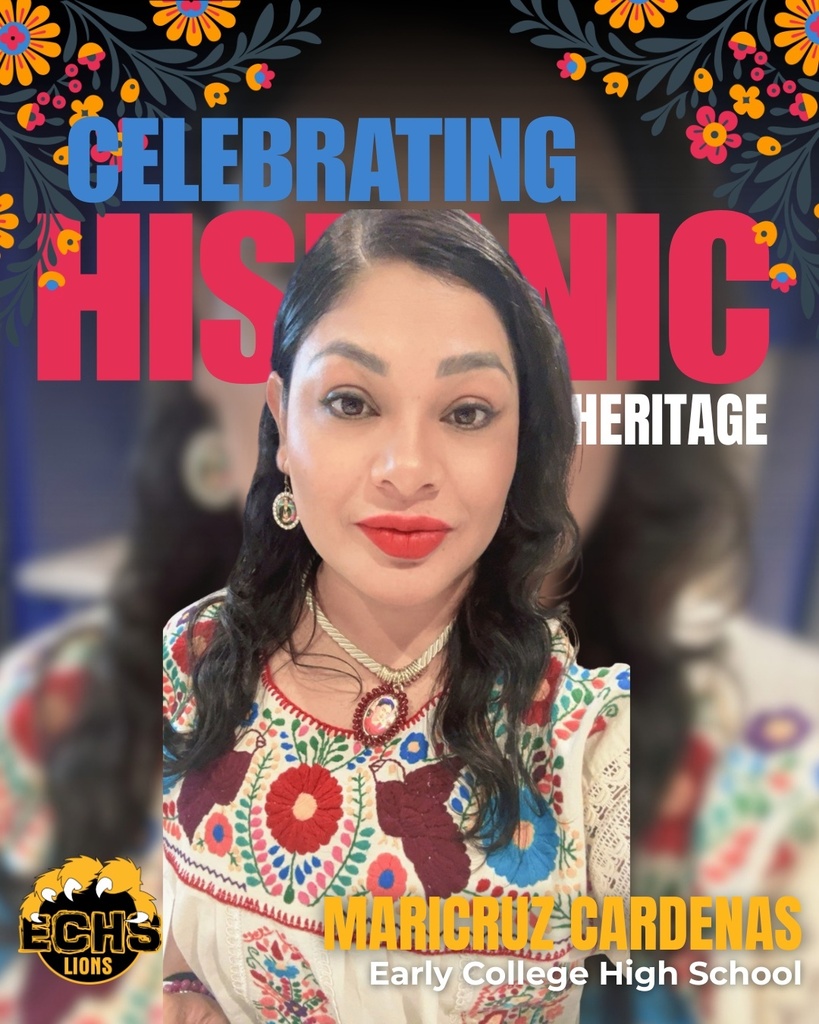 Cover with woman in patterned dress and red lips. Title "Celebrating Hispanic Heritage" with name Maricruz Cardenas.