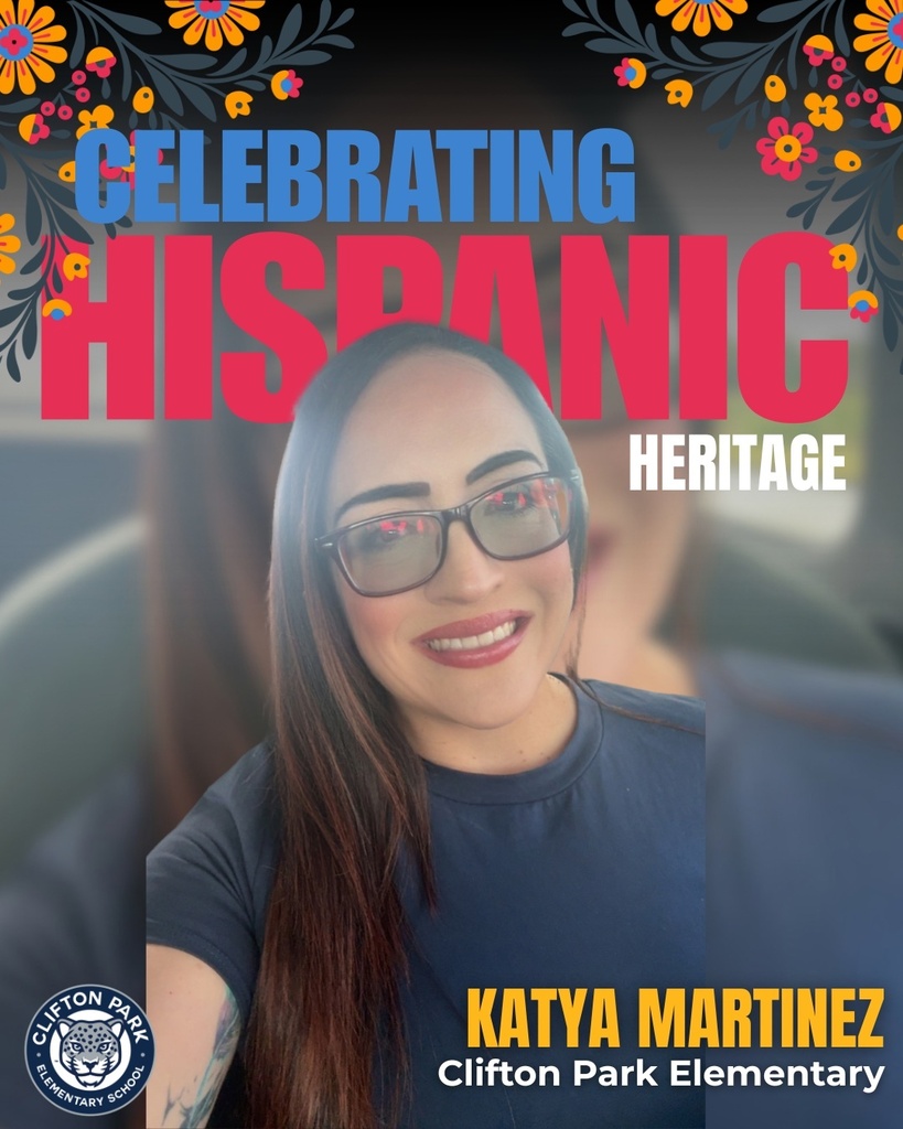 Poster with "Celebrating Hispanic Heritage" written in bold. Katya Martinez, smiling with glasses, sits against a floral background.