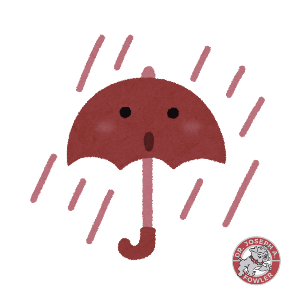 Umbrella with a surprised face surrounded by raindrops