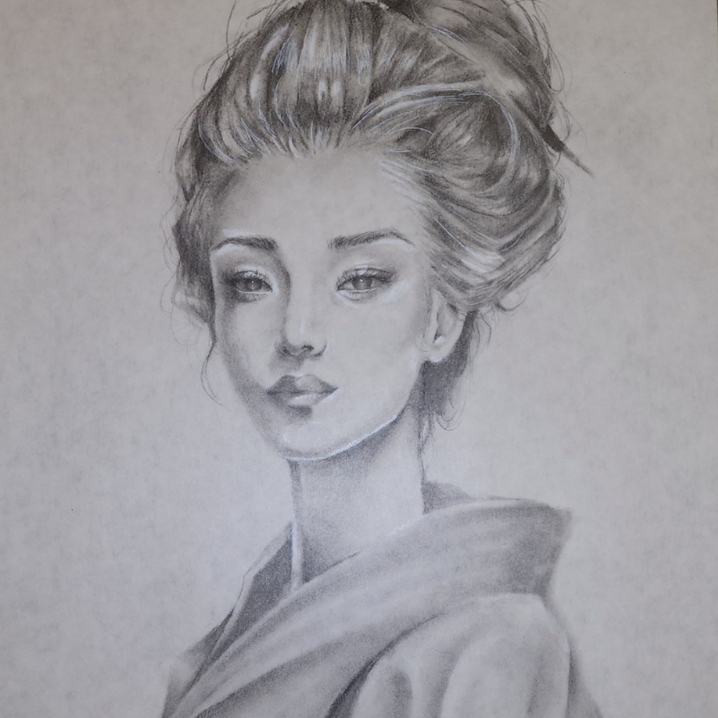 A pencil drawing shows a woman's head and shoulders. She has short hair and wears a loose garment.