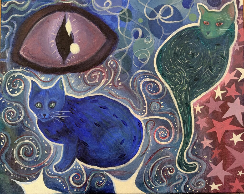 An abstract painting featuring three cats: a blue cat, a green cat, and a purple eye. Background includes stars and swirling patterns.