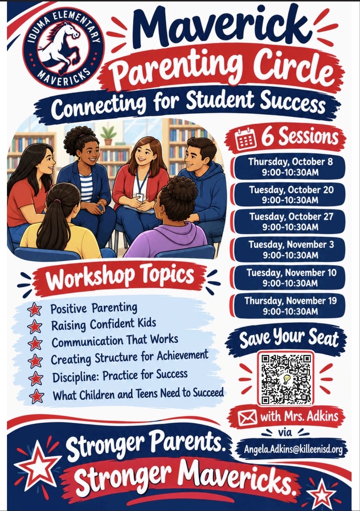 Poster with a blue background. Shows six workshop topics and dates. Includes the title "Maverick Parenting Circle" and the logo for Ionia Elementary.