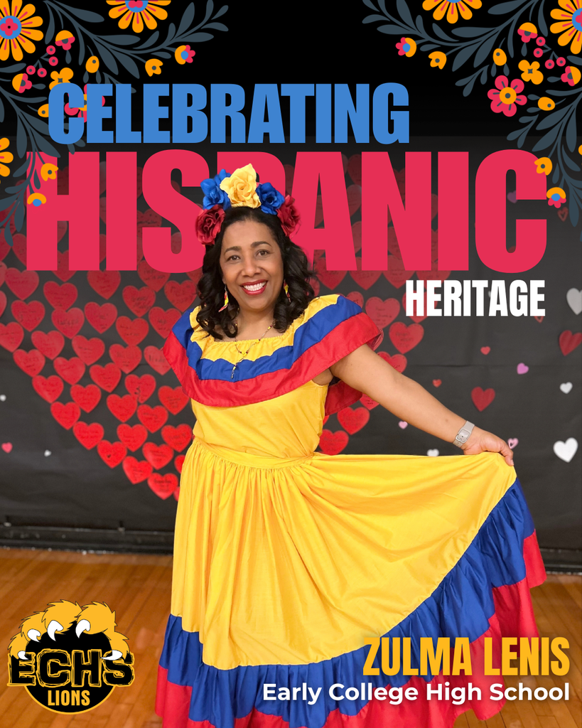 A woman in a colorful dress poses with a heart backdrop. Text reads "Celebrating Hispanic Heritage."