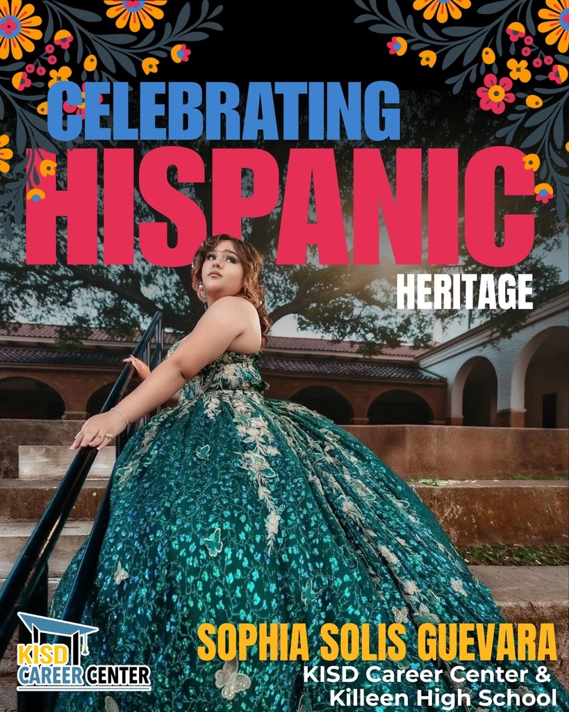 A woman in a green dress poses at a staircase. Text reads "Celebrating Hispanic Heritage" and "Sophia Solis Guevara."