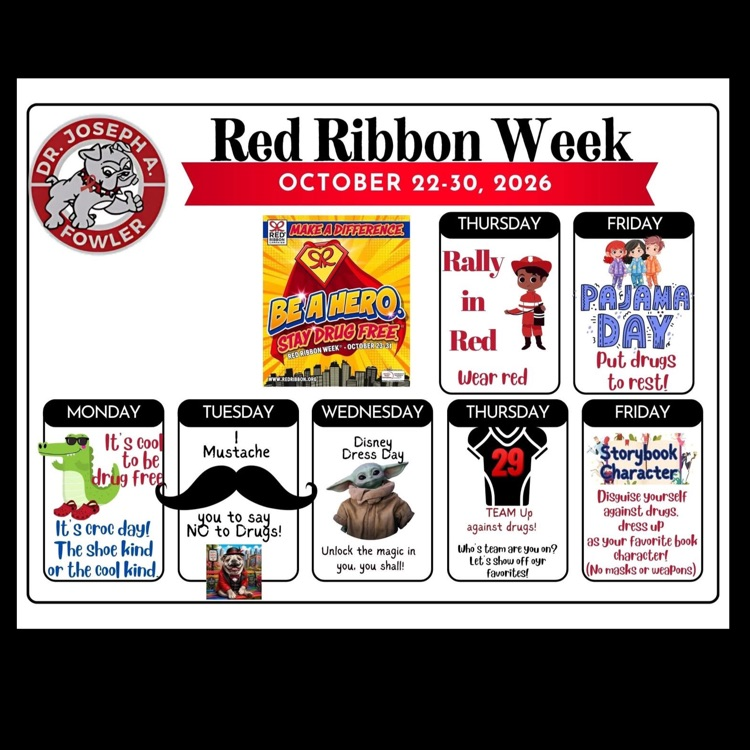 weekly calendar of dress up dates for red ribbon week starting with Thursday Oct 22nd Rally in Red