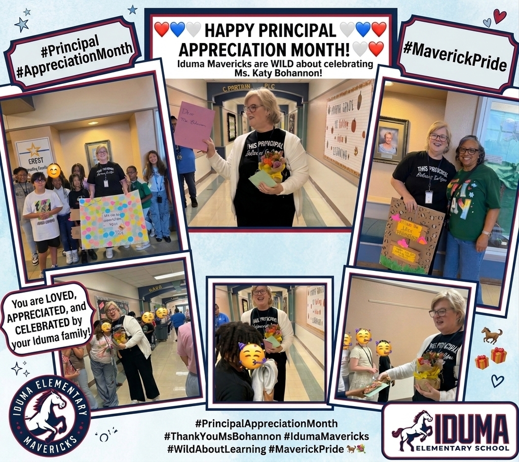 Collage of photos with text overlays celebrating Principal Appreciation Month. Woman stands with flowers. Two people hold signs.