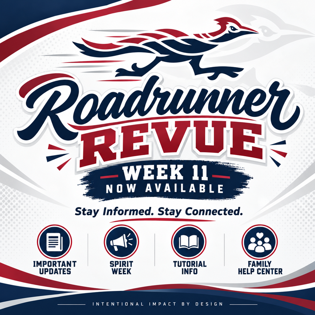 Advertisement for Roadrunner Revue Week 11. Features icons for Important Updates, Spirit Week, Tutorial Info, and Family Help Center.