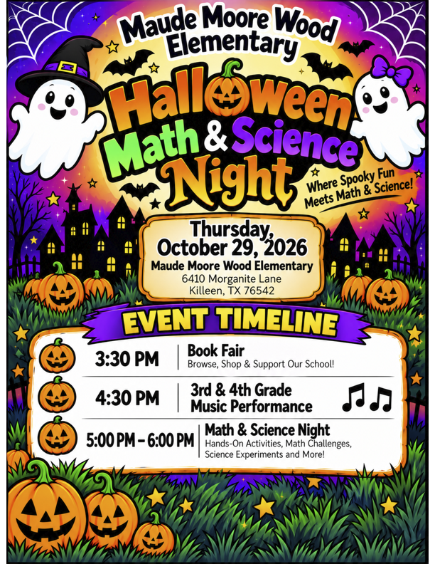 Halloween Math and Science Night, with a lineup of activities from 3:30 PM to 6:00 PM, featuring book fairs, music performances, and hands-on math and science experiments.