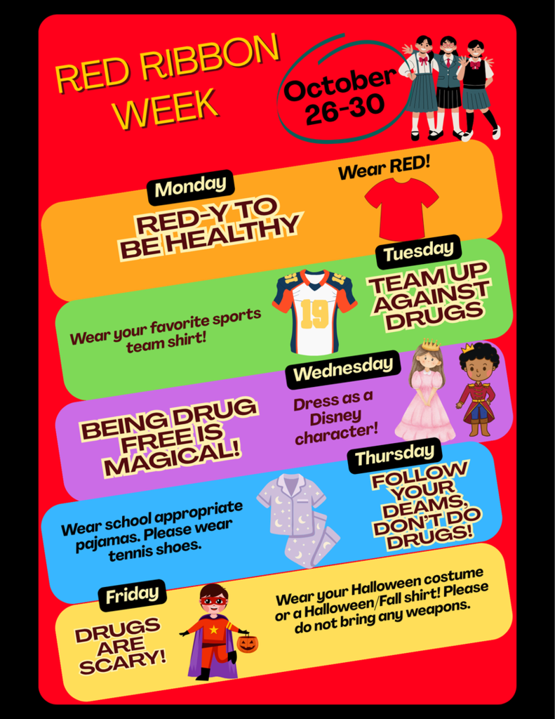 Weekly schedule poster with red, orange, green, blue, and pink bands. Each band displays text and images related to Red Ribbon Week.