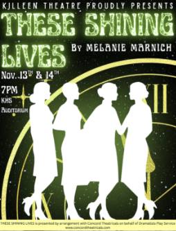 Advertisement for a play. Four women in white dresses and high heels. Dates, time, and venue for event.