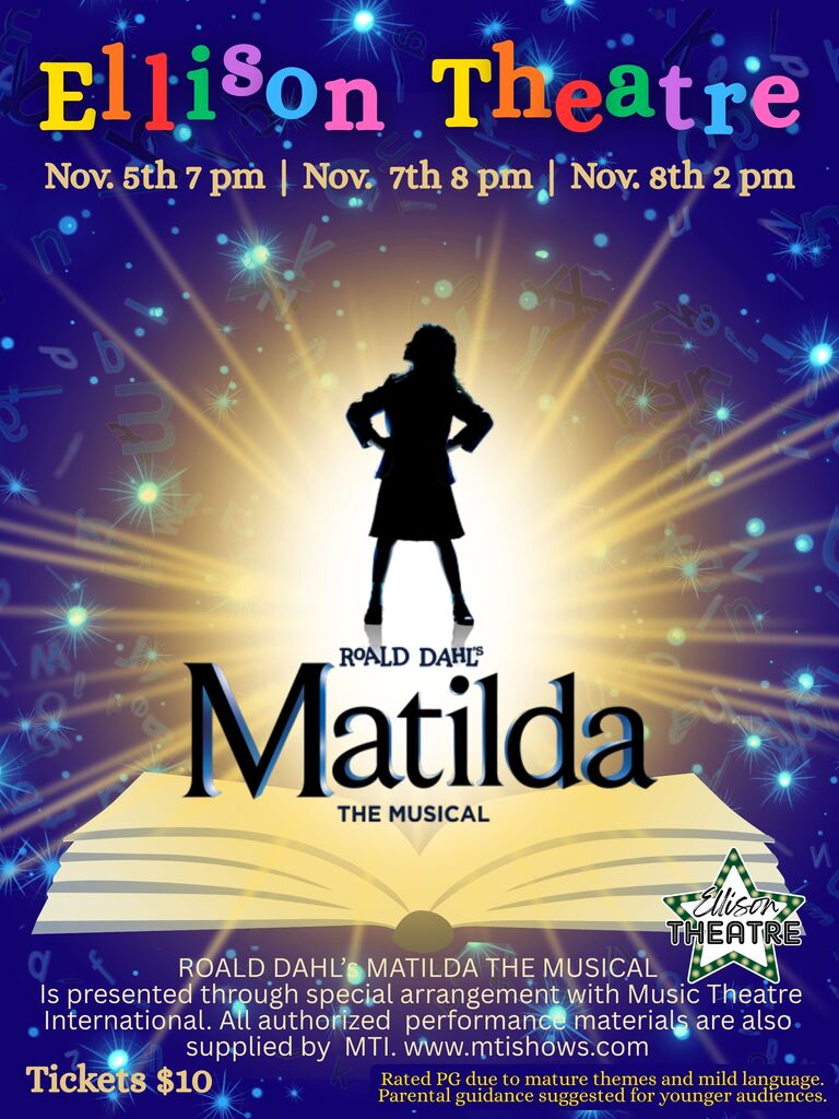 Flyer for a play. A silhouetted girl stands atop an open book. Background is multicolored with sparkles.