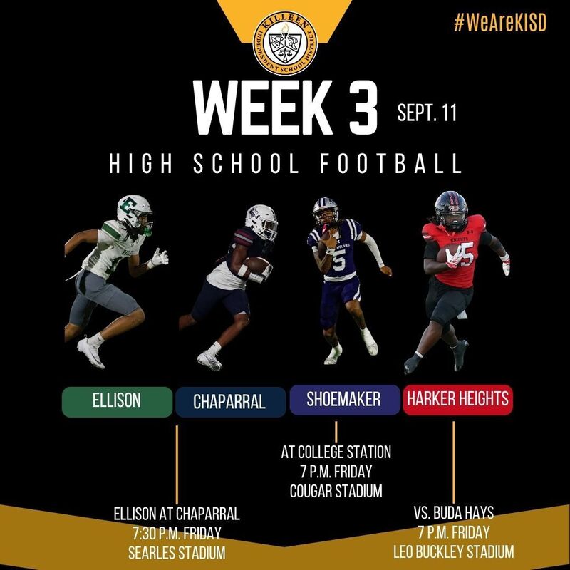 Week 3 graphic; EHS at CHS; SHS at College Station; Hays at HHHS