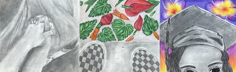 horizontal art picture of two hands holding shoes, person wearing a graduation cap and flowers.