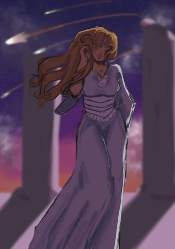 anime art of a woman walking with wind pushing clothes and hair. Cosmic skies and a sunrise