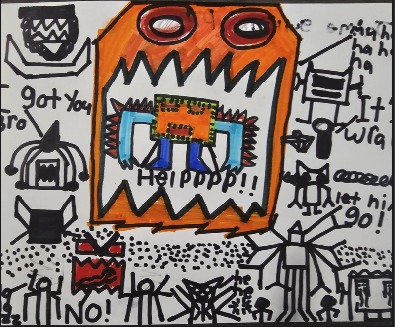 art with marker robot like structures and the words "helppppp!!" 