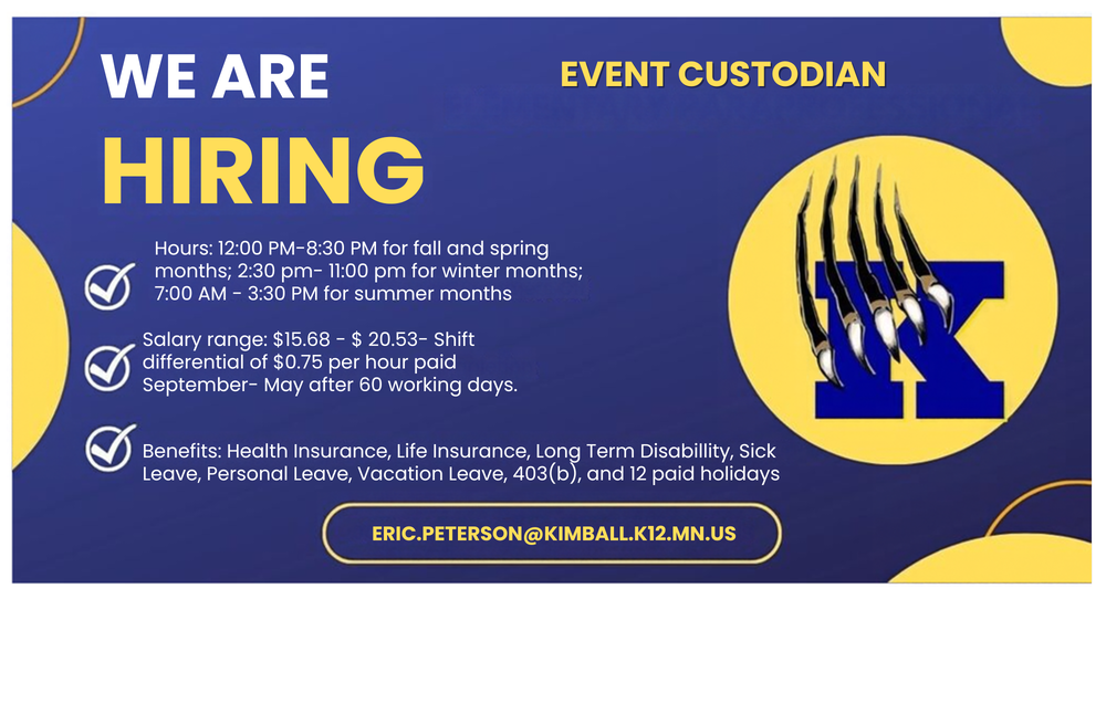 Infographic for Job Posting; blue and gold in color with Kimball K logo. Event Custodian. 