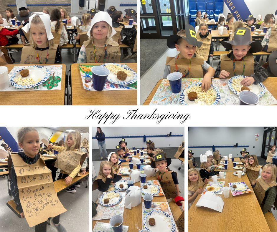 students dressed as pilgrims have a thanksgiving feast