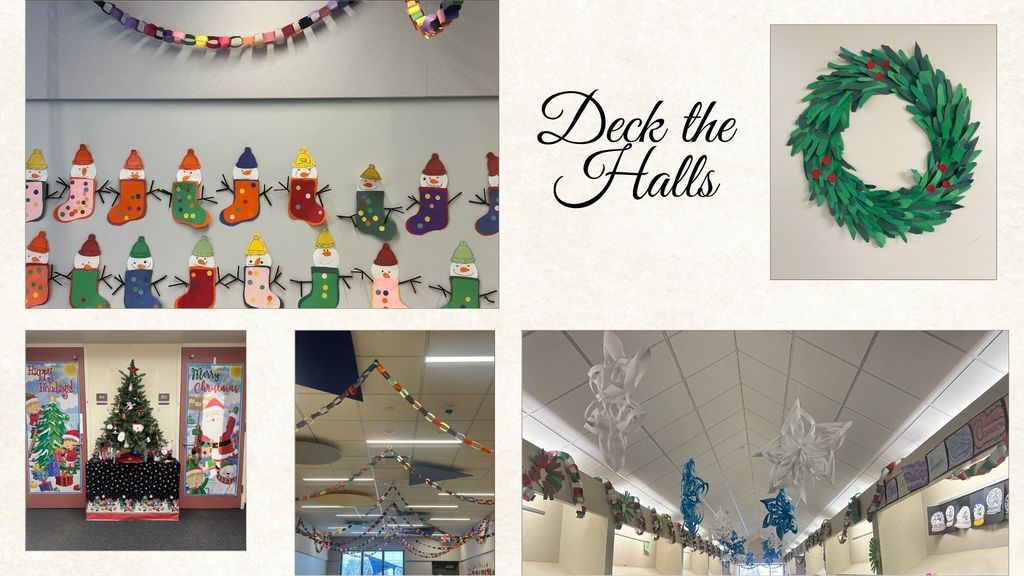collage of hallways filled with holiday artwork