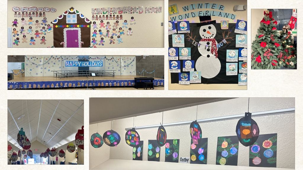 collage of hallways filled with holiday artwork