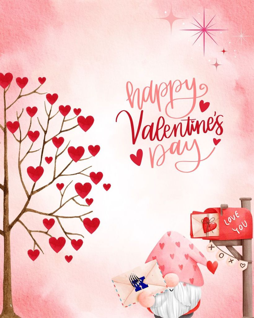 TREE WITH HEARTS AND GNOME PUTTING LETTERS IN MAILBOX