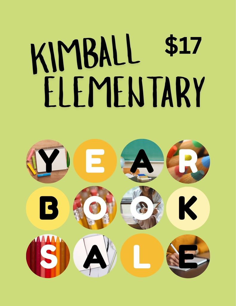 Kimball Elementary Yearbook Sale, green background with letter graphics