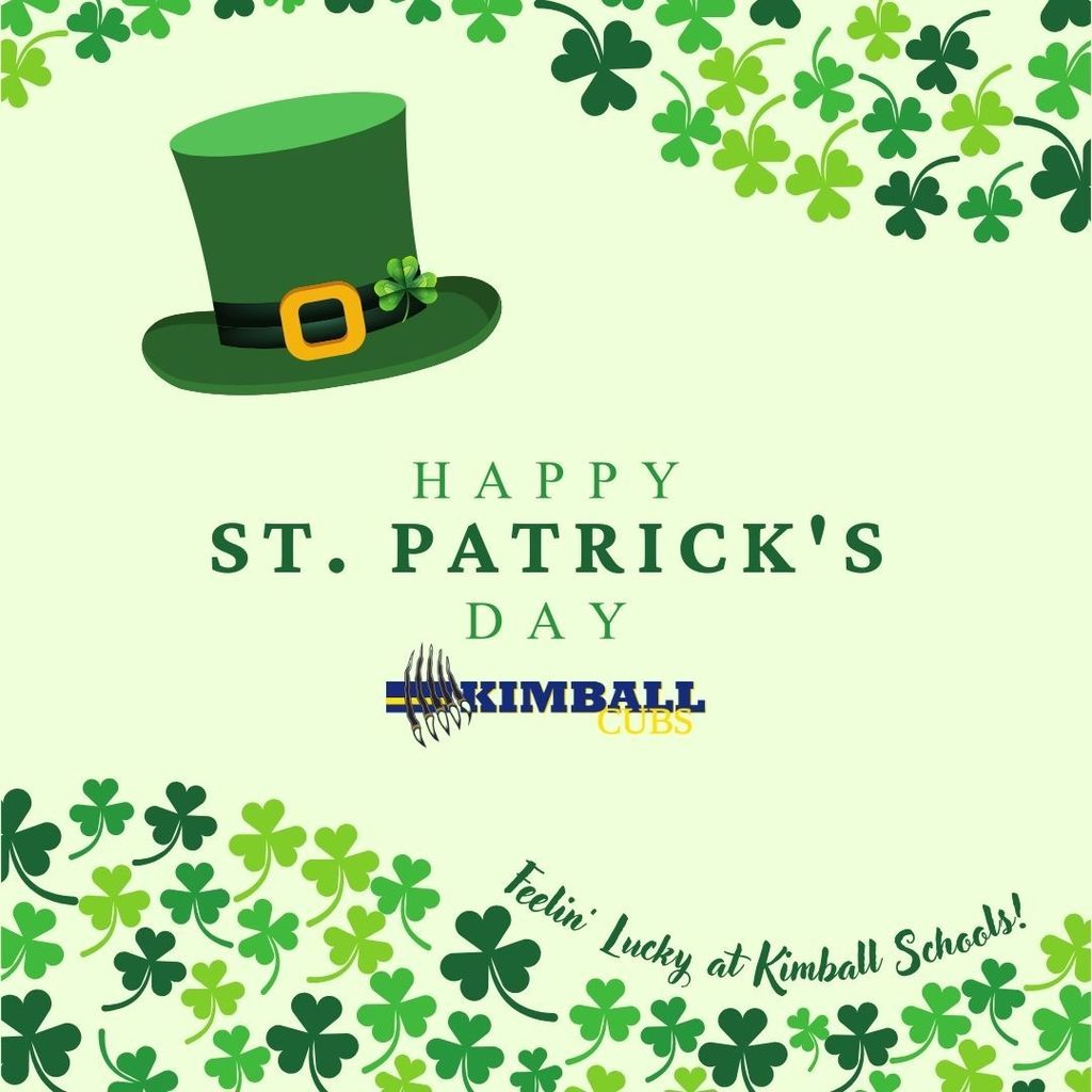 green background with clover, leprechaun hat and "Happy St. Patrick's Day"