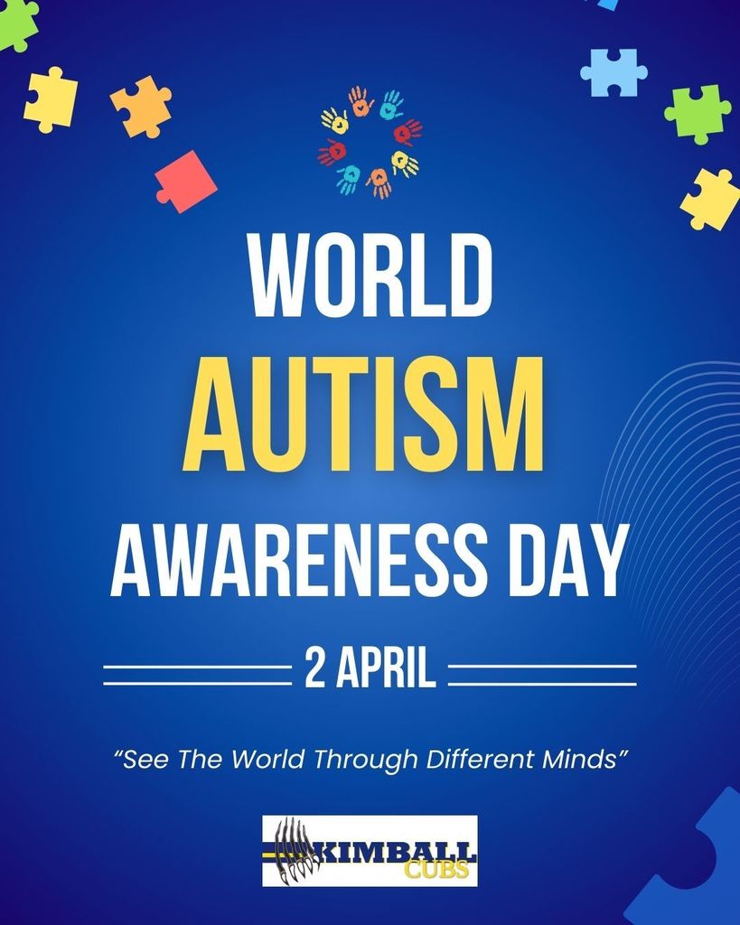 blue background with colorful puzzle pieces and caption: "world autism awareness day"