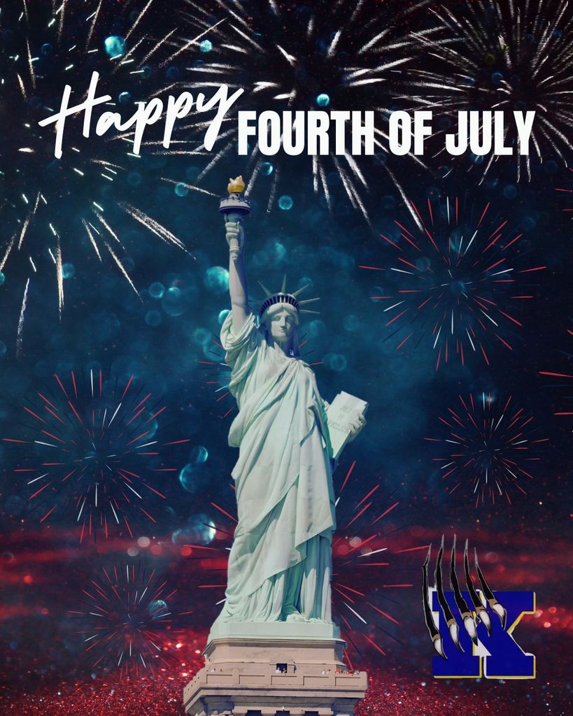 Red White and Blue Bold 4th of July with statue of liberty and fireworks