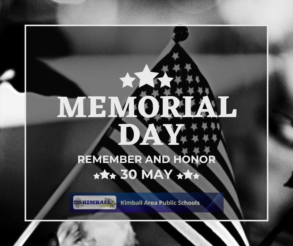 black and white memorial day with flag in background and school logo