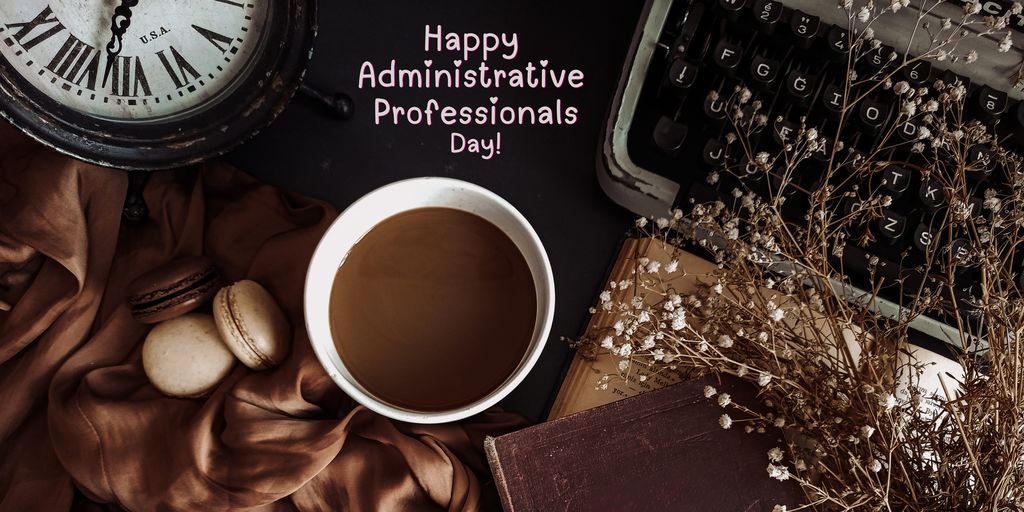 brown and white background with clock, typewriter flowers and cup of coffee