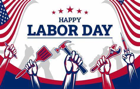 Labor day red white and blue background with hands holding tools