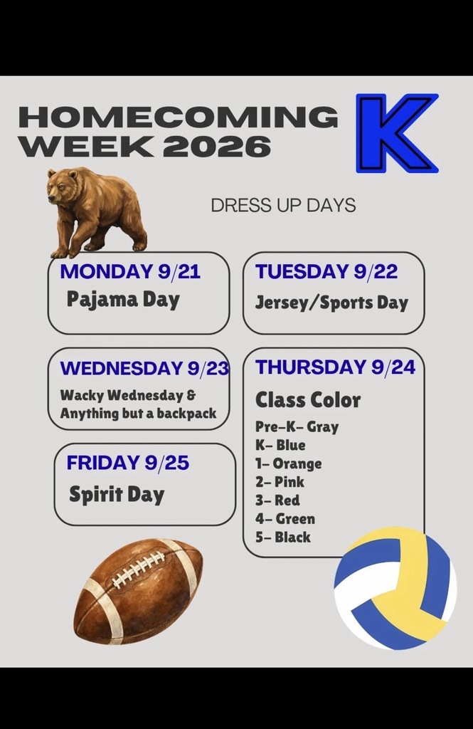 Kimball Elementary Schoom Dress up Days. Monday- pajama day, tuesday- jersey/sports day, Wednesday-wacky Wednesday and anything but a backpack, Thursday- class colors (pre-k grey, k- blue, 1st-orange, 2nd-pink, 3rd- red, 4thgreen, 5th black. Friday- school spirit