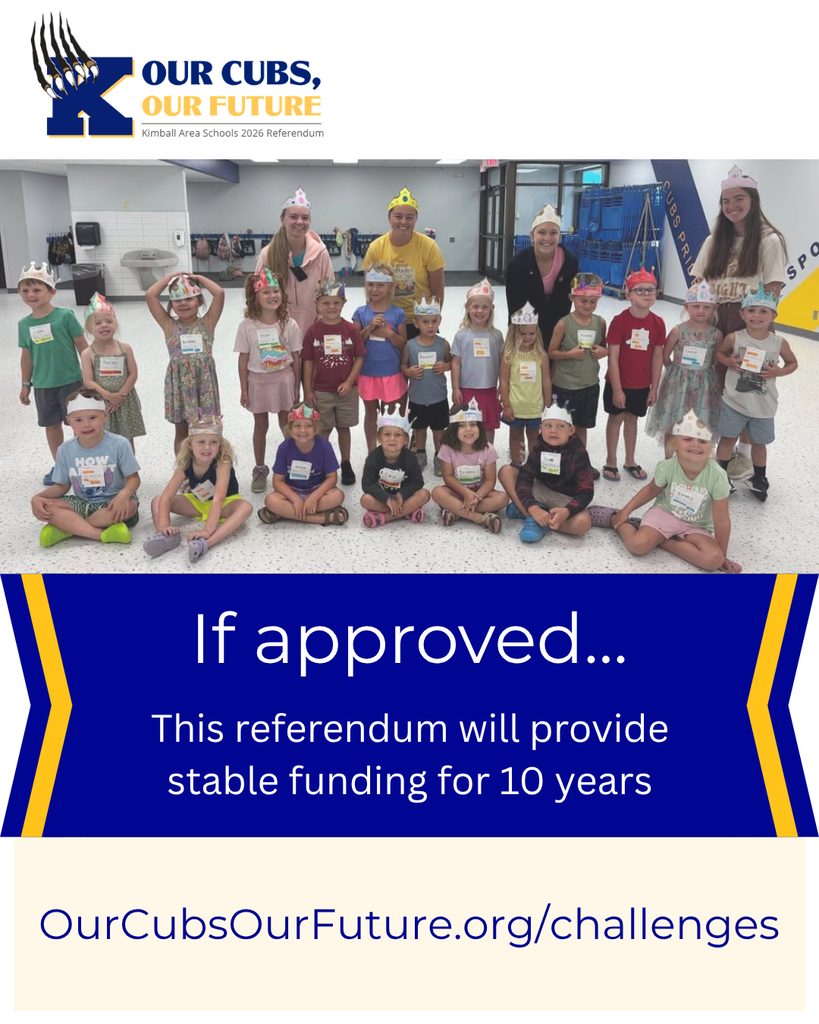 Graphic of young students wearing crowns. Text: If approved, this referendum will provide stable funding for 10 years.