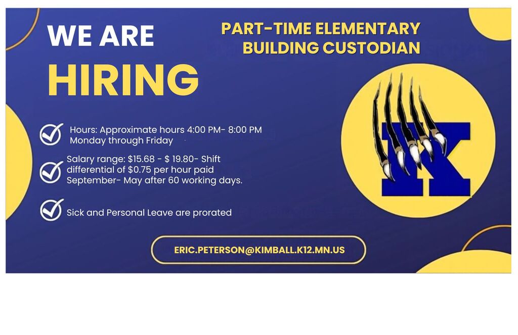 info graphic done in blue and gold announcing Elementary Building Custodian job opening.