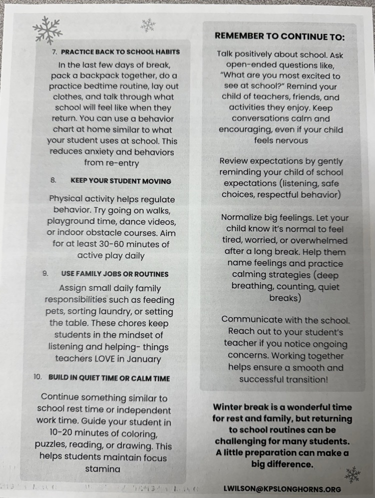 Behavior support newsletter went out today in Longhorn mail with tips to do throughout winter break that will help students have a smooth transition back to school in January! Have a wonderful break! 